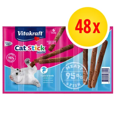 Vitakraft Cat Stick mini, 6 sticks salmone e trota, ricetta senza zucchero, 95% carne e pesce, confezione da 48x. Testo visibile: 'extra meaty', 'vitality plus'.
