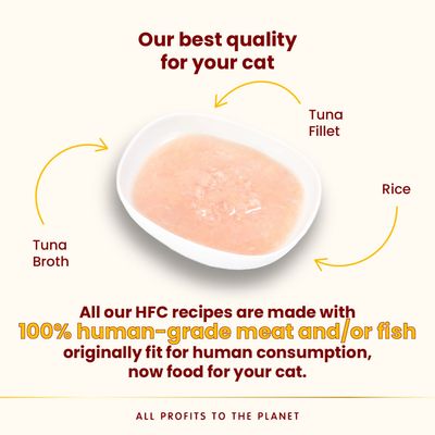Dish with tuna fillet, rice and tuna broth. Text: All HFC recipes use 100% human-grade meat and/or fish, originally fit for human consumption, now food for your cat.