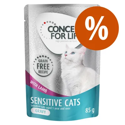 Concept for Life Sensitive Cats mit Lamm, Grain Free Recipe, für Katzen ab 1 Jahr, in Soße, 85g. Prozentzeichen für Rabatt sichtbar.