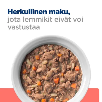 Teksti: Herkullinen maku, jota lemmikit eivät voi vastustaa. Kuvassa kulhollinen lihapaloja ja vihanneksia kastikkeessa.