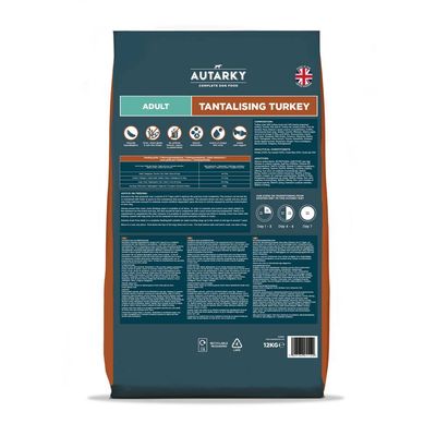 Back of Autarky Tantalising Turkey adult food bag showing feeding guide, ingredient icons, composition details, analytical constituents, advice on feeding, and transition instructions.