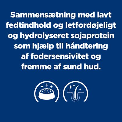 Sammensætning med lavt fedtindhold og letfordøjeligt og hydrolyseret sojaprotein som hjælp til håndtering af fodersensitivitet og fremme af sund hud.