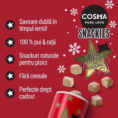 COSMA PURE LOVE SNACKIES. Savoare dublă în timpul iernii! 100 % pui & rață. Snackuri naturale pentru pisici. Fără cereale. Perfecte drept cadou! Merry Christmas.