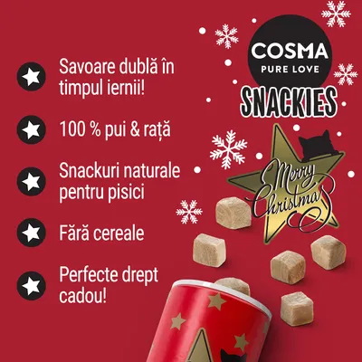 COSMA PURE LOVE SNACKIES. Savoare dublă în timpul iernii! 100 % pui & rață. Snackuri naturale pentru pisici. Fără cereale. Perfecte drept cadou! Merry Christmas.