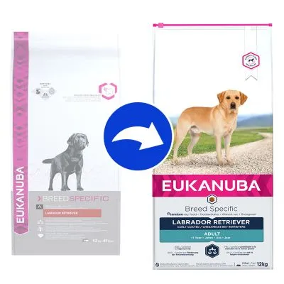 Förpackningsändring: Eukanuba Breed Specific Labrador Retriever Adult 12 kg, visar gammal och ny design med varumärket och produktnamnet synliga på båda förpackningarna.