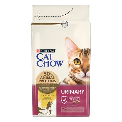 Purina Cat Chow Urinary, богата на пиле, 50% животински протеини, с естествен пребиотик, без изкуствени оцветители, аромати или консерванти.