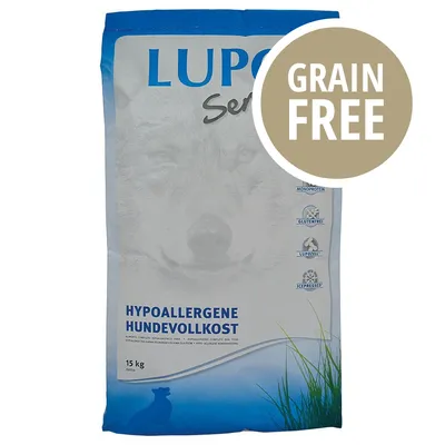 Sacco da 15 kg Lupo Sensitiv Hypoallergene Hundefutter, testo visibile: GRAIN FREE, MONOPROTEIN, GLUTENFREI, LUPOZELL, ICEPRESSED.
