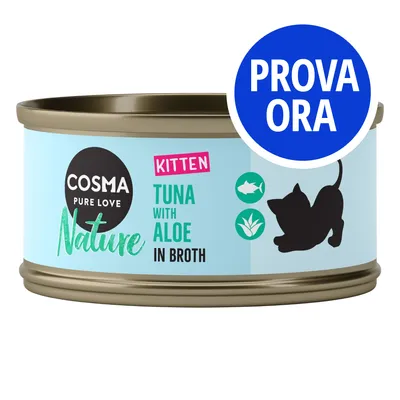 Cosma Pure Love Nature Kitten, TUNA WITH ALOE IN BROTH. Etichetta con sagoma di gatto e icone tonno e aloe. Bollino blu con testo: PROVA ORA.