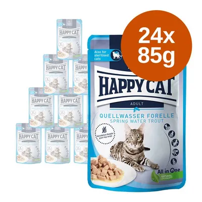 Happy Cat Adult Quellwasser Forelle macskaeledel, 24 x 85 g tasakos csomag, gabonamentes recept, sterilizált macskáknak is. Látható tálalás és termék információk.