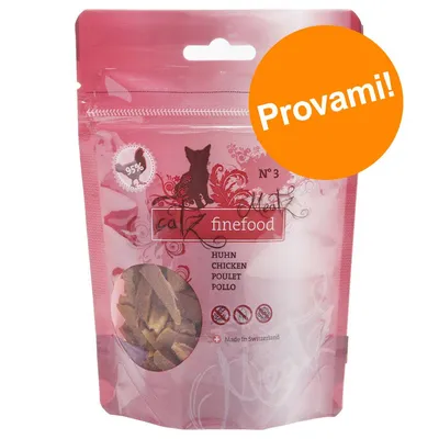 catz finefood N°3 Huhn Chicken Poulet Pollo, 95% carne, Made in Switzerland. Etichetta arancione con testo: Provami!