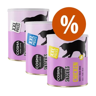 Cosma Pure Love Snackies XXL Pieces, Chicken, Gently Freeze-Dried, 100% Pure Meat feliratú macska snack csomagolások, narancssárga százalékos kedvezmény jellel.