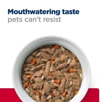 Bowl of pet food with text stating mouthwatering taste pets can't resist.