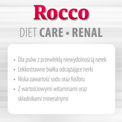 Rocco DIET CARE RENAL. Dla psów z przewlekłą niewydolnością nerek, lekkostrawne białka, niska zawartość sodu i fosforu, wartościowe witaminy i składniki mineralne.