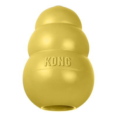 Jouet jaune avec l'inscription KONG, en matériau lisse, ouverture visible en bas.