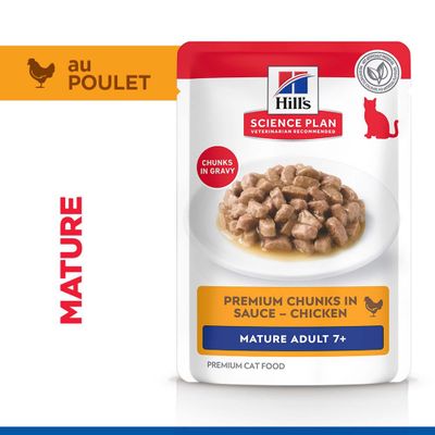 Hill's Science Plan Bouchées Premium en sauce au poulet, pour chats âgés de 7 ans et plus. Bouchées en sauce. Sans colorants ni arômes artificiels.
