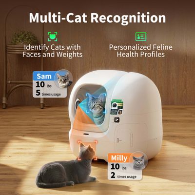 Mehrkatzen-Erkennung: Identifikation von Katzen anhand Gesicht und Gewicht, individuelle Gesundheitsprofile. Beispiel: Sam 10 lbs, 5 Nutzungen; Milly 10 lbs, 2 Nutzungen.