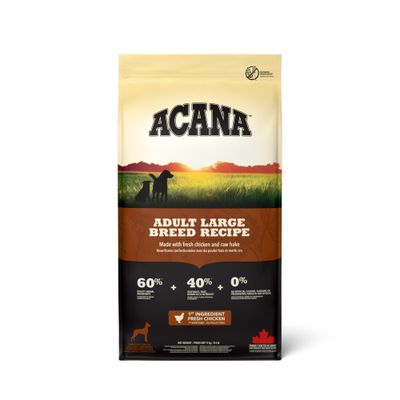ACANA Adult Large Breed Recipe, 60% składników pochodzenia zwierzęcego, 40% warzyw/owoców/ziół, 0% sztucznych dodatków, główny składnik świeży kurczak, wyprodukowana w Kanadzie.