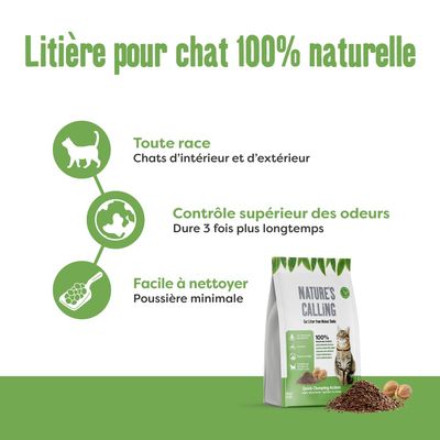Litière pour chat 100% naturelle. Toute race, chats d’intérieur et d’extérieur. Contrôle supérieur des odeurs, dure 3 fois plus longtemps. Facile à nettoyer, poussière minimale.