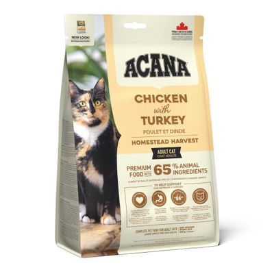 ACANA Chicken with Turkey Homestead Harvest Adult Kat. Premium food met 65% dierlijke ingrediënten. Trots vervaardigd in Canada. Netto gewicht 340 g.