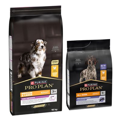 To PURINA PRO PLAN Adult hundefoderposer: All Sizes Protein & Energy med kylling, 16 kg, og Medium Sensitive Digestion High Protein med lam. Til hunde fra 1 år.