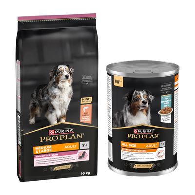 PURINA PRO PLAN All Sizes Adult 1+ Tørfoder og vådfoder, Højt proteinindhold, nr. 1 ingrediens kylling, uden farvestoffer, 16 kg sæk og dåse vist.