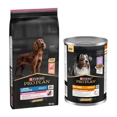 PURINA PRO PLAN Large Athletic Adult tørfoder med kylling, 16 kg, og PRO PLAN All Size Adult vådfoder med kalkun, synlige produktemballager.