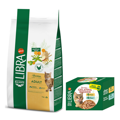 Libra Adult comida para gatos con pollo, receta mediterránea, 12 kg. Contiene Digestive Wellbeing y Protein Balance. En la imagen: gato e ingredientes como zanahorias, cereales, hierbas.