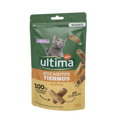 Ultima Bocados Tiernos de Pollo, 100% zwierzęce źródło białka, bez zboż, bez sztucznych aromatów ani dodatku cukru, odpowiednie dla kotów po sterylizacji, saszetka 40 g.