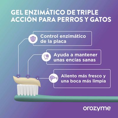 Gel enzimático de triple acción para perros y gatos: control enzimático de la placa, ayuda a mantener encías sanas, aliento más fresco y boca más limpia. orozzyme.