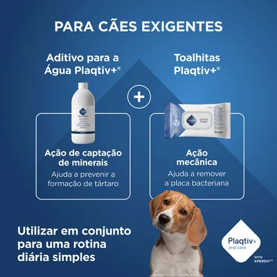 Plaqitv+ aditivo para água e toalhetes dentais para cães. Absorção de minerais contra o tártaro, ação mecânica contra a placa bacteriana. Para uma rotina diária simples, utilize ambos em conjunto.