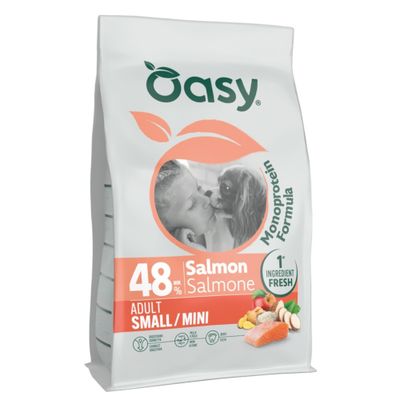 Oasy Monoprotein Formula, 48% Lachs, Adult Small/Mini, 1st Ingredient Fresh, Bild von Kind mit Hund, Zutatenabbildung.