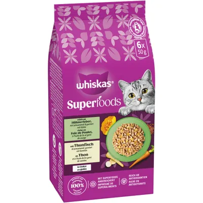 Whiskas 1+ Superfoods Selezione Mista in Gelatina 6 x 50 g - Fegato di Pollo & Tonno Whiskas 1+ Superfoods Selezione Mista in Gelatina 6 x 50 g - Fegato di Pollo & Tonno