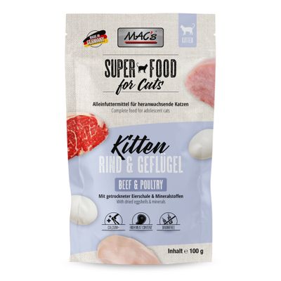 MAC's Super Food for Cats Kitten Nötkött & Fågel, helfoder för växande kattungar, med torkat äggskal, mineralämnen, kalciumrikt, hög kötthalt, spannmålsfritt, 100 g.