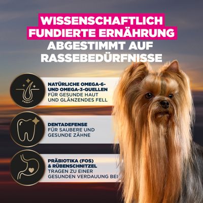 Wissenschaftlich fundierte Ernährung, abgestimmt auf Rassebedürfnisse: Omega-6 und Omega-3 für Haut und Fell, Dentadefense für Zähne, Präbiotika und Rübenschnitzel für Verdauung.