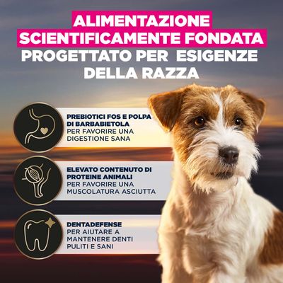 Alimentazione scientificamente studiata, sviluppata per le esigenze specifiche della razza. Con prebiotici e polpa di barbabietola, alto contenuto di proteine animali e Dentadefense per denti sani.