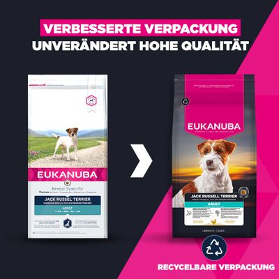 Eukanuba Jack Russell Terrier Adult mit verbesserter, recycelbarer Verpackung. Unverändert hohe Qualität.