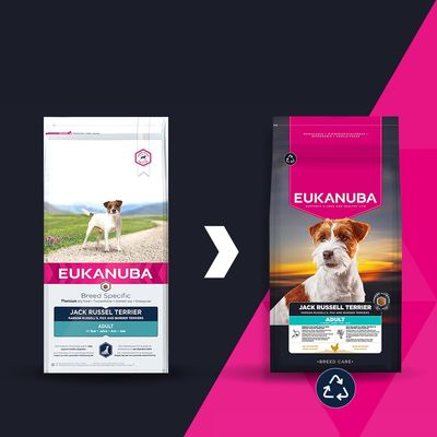 Eukanuba Jack Russell Terrier Adult Промяна на опаковката: вляво старата, вдясно новата опаковка с рециклиращ символ.
