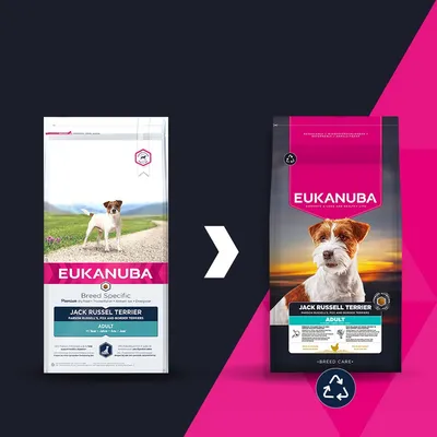 Eukanuba Jack Russell Terrier Adult Промяна на опаковката: вляво старата, вдясно новата опаковка с рециклиращ символ. Eukanuba Jack Russell Terrier Adult Промяна на опаковката: вляво старата, вдясно новата опаковка с рециклиращ символ.