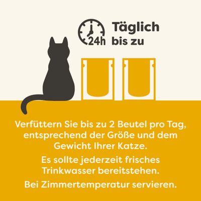 Fütterungsempfehlung: Bis zu 2 Beutel pro Tag, abhängig von Größe und Gewicht der Katze. Frisches Trinkwasser bereitstellen. Bei Zimmertemperatur servieren.