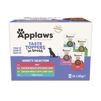 Applaws Taste Toppers in Broth, Variety Selection: 6x Beef, 6x Chicken Breast with Duck Liver, 6x Chicken Breast with Lamb Liver, 6x Tuna Fillet, 24x 85g, 100% natural ingredients