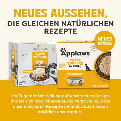 Neues Aussehen, die gleichen natürlichen Rezepte. Neues Design für Applaws Taste Toppers in Broth Chicken Breast, Rezept bleibt unverändert, Verpackung kann abweichen.