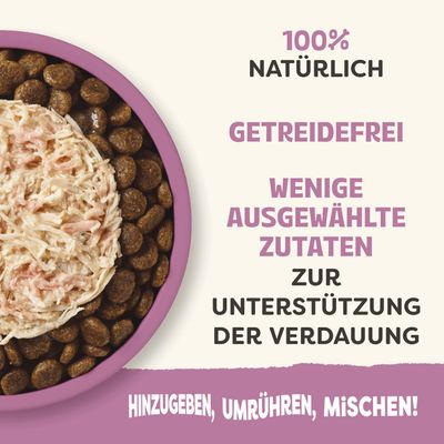 100% natürlich, getreidefrei, wenige ausgewählte Zutaten zur Unterstützung der Verdauung. Hinzugeben, umrühren, mischen!