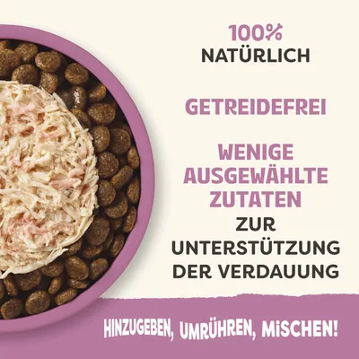 100% natürlich, getreidefrei, wenige ausgewählte Zutaten zur Unterstützung der Verdauung. Hinzugeben, umrühren, mischen! 100% natürlich, getreidefrei, wenige ausgewählte Zutaten zur Unterstützung der Verdauung. Hinzugeben, umrühren, mischen!