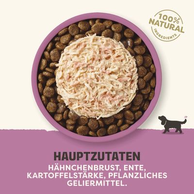 100% natural ingredients. Hauptzutaten: Hähnchenbrust, Ente, Kartoffelstärke, pflanzliches Geliermittel.