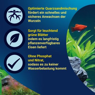 Optimierte Quarzsandmischung für schnelles Anwachsen der Wurzeln, liefert Eisen für grüne Blätter, ohne Phosphat und Nitrat zur Vermeidung von Wasserbelastung.