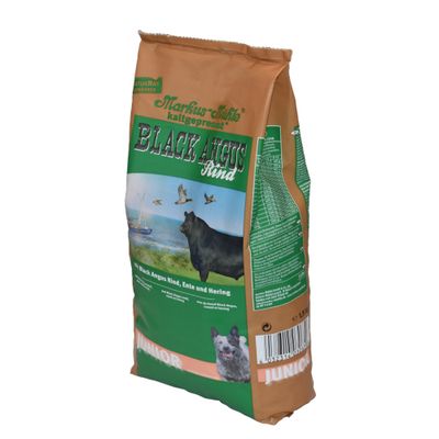 Markus-Mühle pressé à froid BLACK ANGUS Bœuf Junior, avec bœuf Black Angus, canard et hareng. Sachet de 1,5 kg. Tableau des valeurs nutritionnelles visible sur la page.