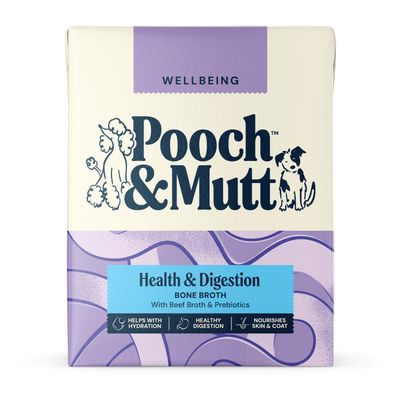 Pooch & Mutt Health & Digestion Bone Broth with beef broth and prebiotics. Supports hydration, healthy digestion, and cares for skin and coat.
