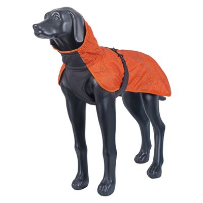 Una figura modello di cane nera indossa una giacca per cani arancione, decorata con motivi, dotata di colletto alto e chiusura laterale.