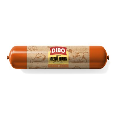 DIBO Menü Rind Kochwurst mit Rind, Pansen, Haferflocken und Karotten. Hoher Fleischgehalt. High meat content.
