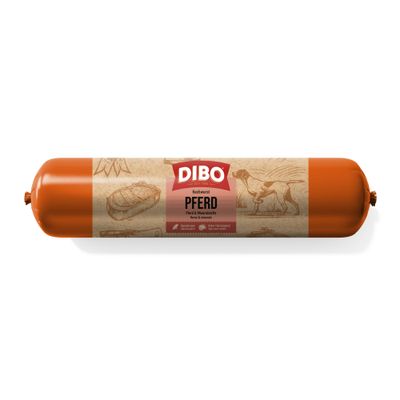 DIBO Kochwurst Lamm, Lamm & Mineralstoffe, hoher Fleischgehalt, hypoallergen. Wurst in Kunststoffhülle mit braun-violettem Etikett.